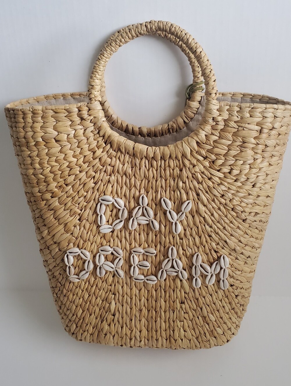 Poolside Straw Bag Medium Cowrie Shells Beach Vacation Bucket Bag Top Handle
